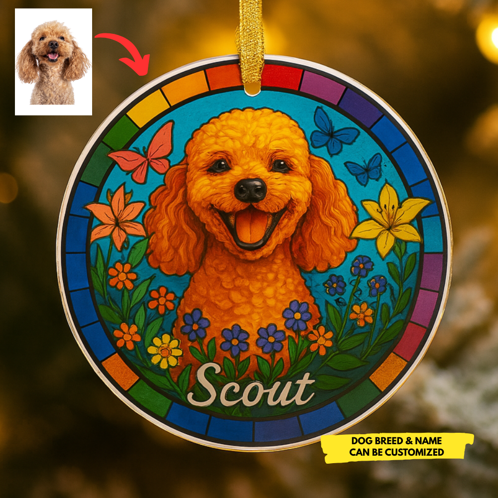 Custom Pet Portrait Stained Glass Ornament – Dog Memorial Gift