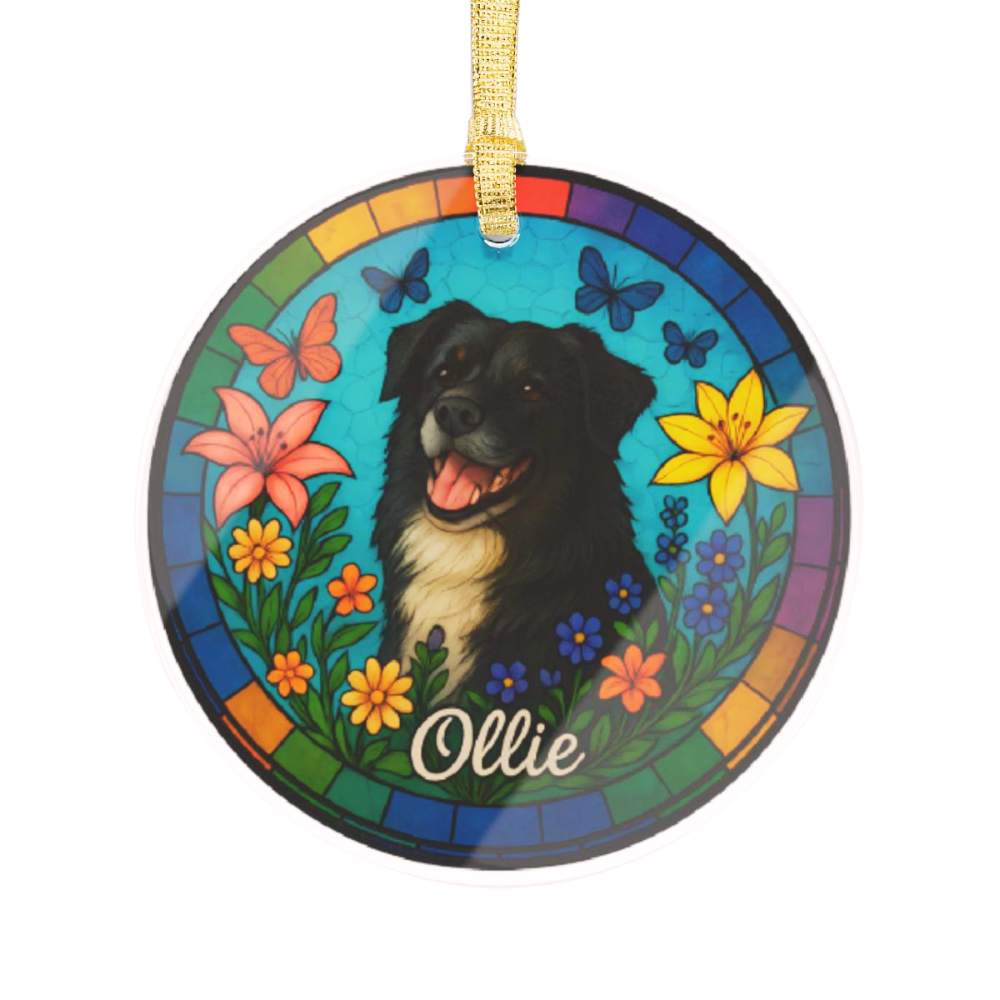 Custom Pet Portrait Stained Glass Ornament – Dog Memorial Gift