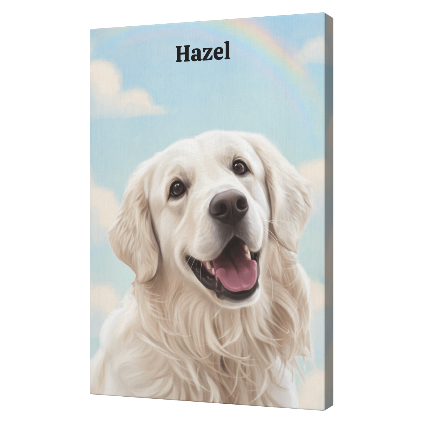 Custom pet Canvas print with a dog's face and name 'Hazel' against a sky and rainbow background.