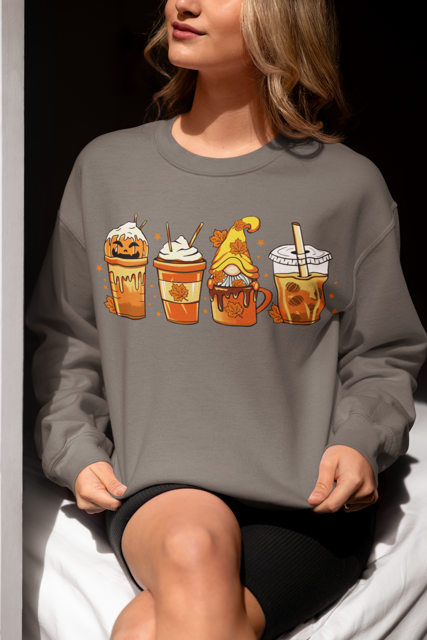 Cozy Fall Sips Autumn Gnome Drink Collection Crewneck Sweatshirt