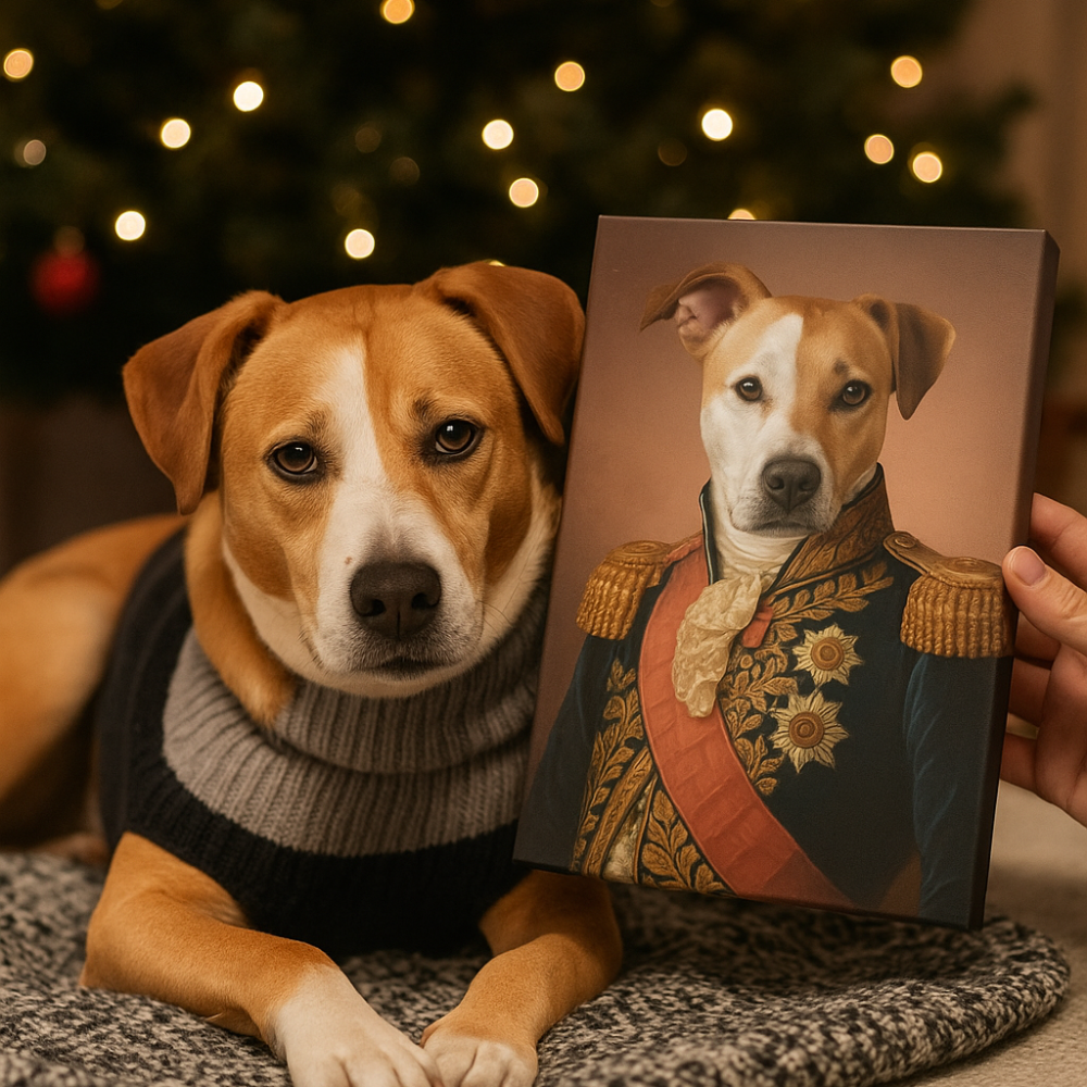 Dog next to a custom pet portrait of itself dressed in regal attire