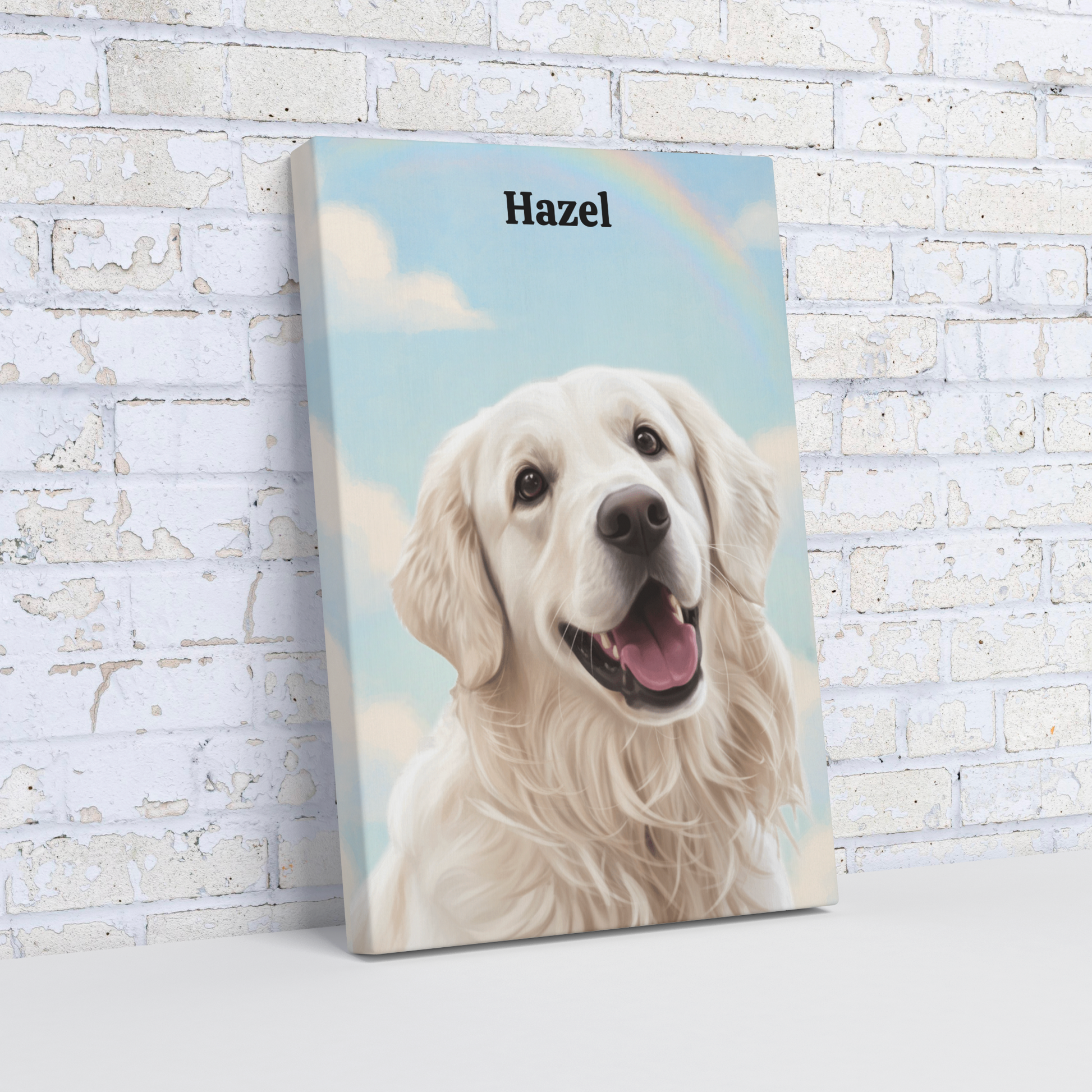 Custom pet Canvas print of a dog named Hazel against a brick wall background