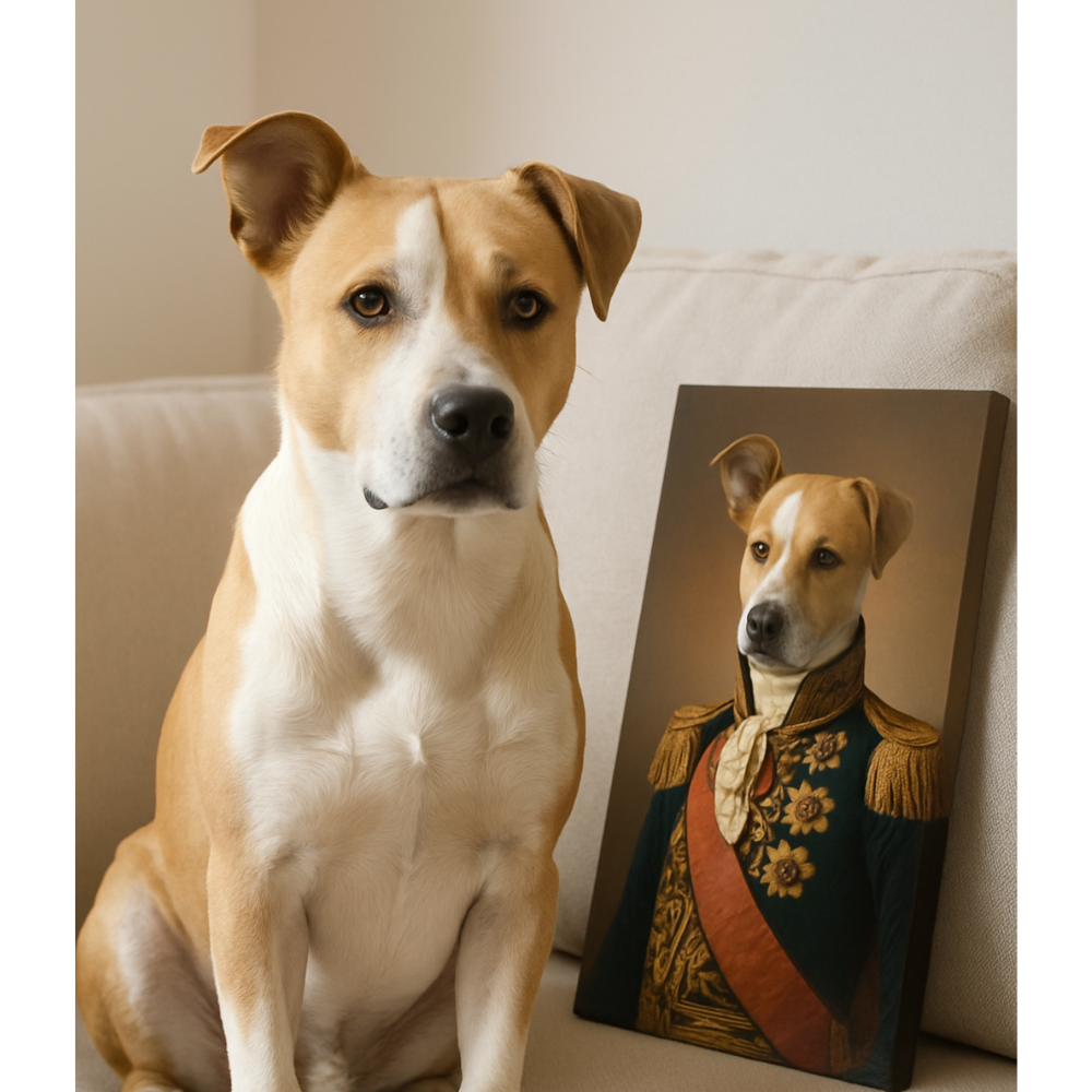 Dog next to a custom pet portrait of itself dressed in regal attire