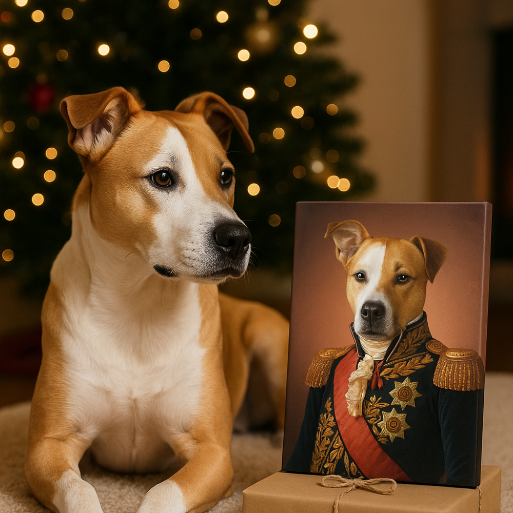 Dog next to a custom pet portrait of itself dressed in regal attire