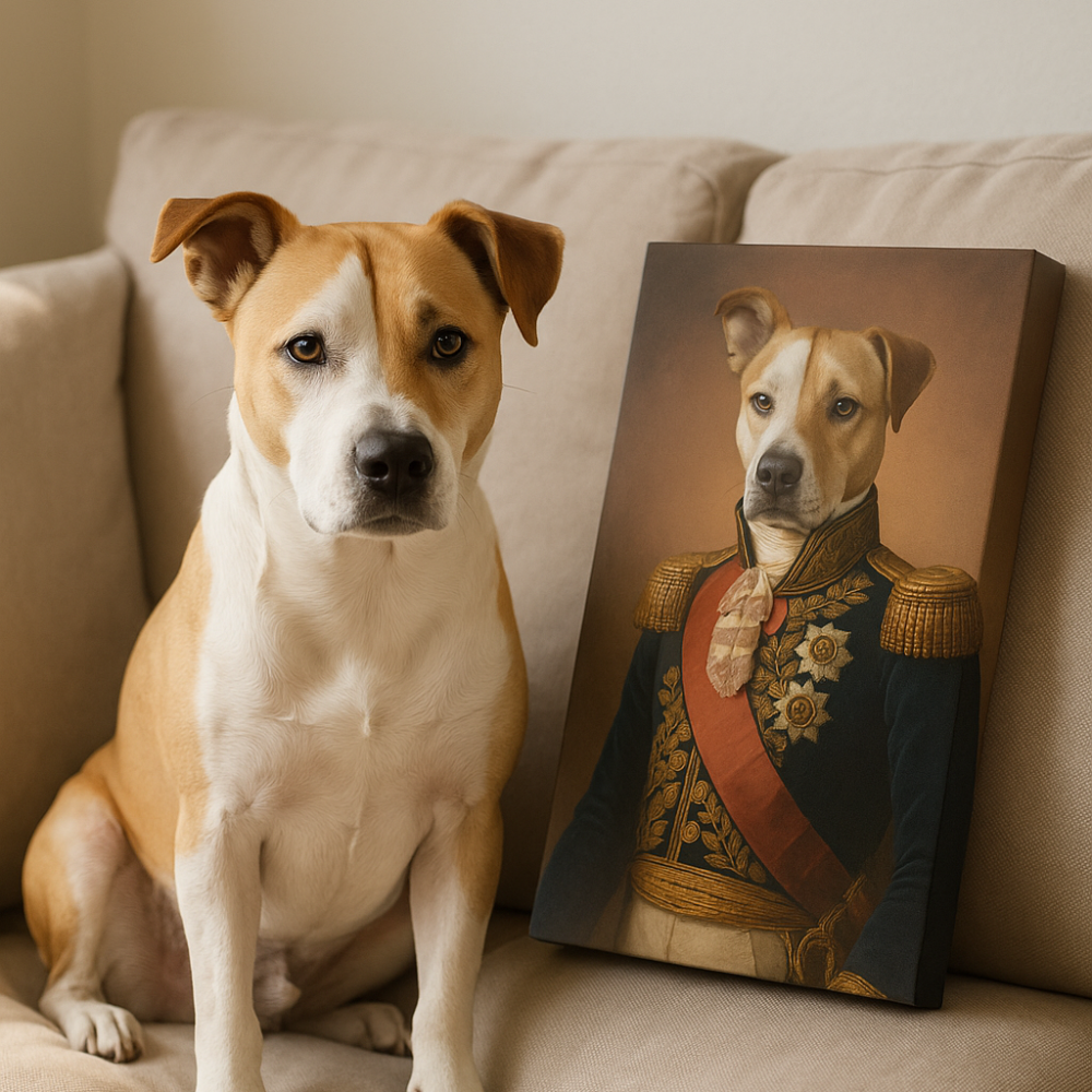 Dog next to a custom pet portrait of itself dressed in regal attire