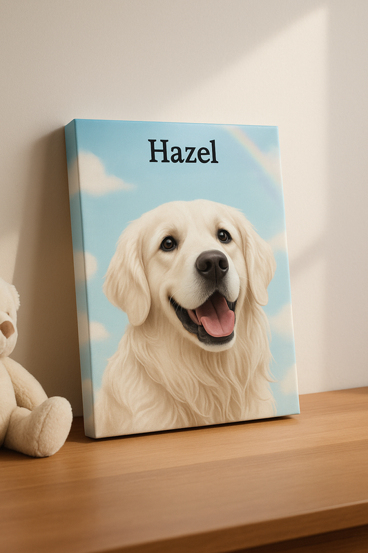 memorial pet custom Canvas print of a dog named Hazel against a blue sky with clouds, placed on a wooden surface. Rainbow bridge. grief