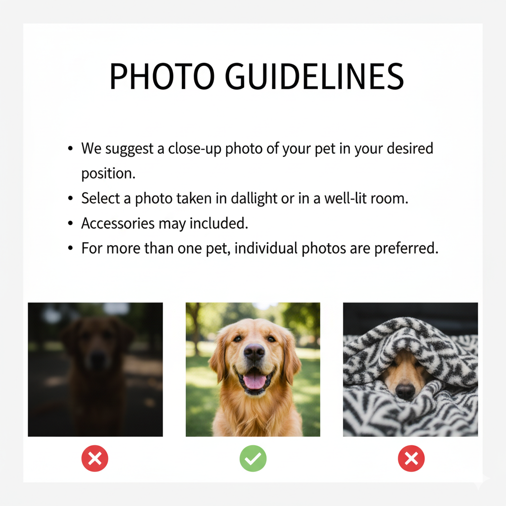 Photo guidelines for pets with examples of good and bad photos for custom pet portriat.