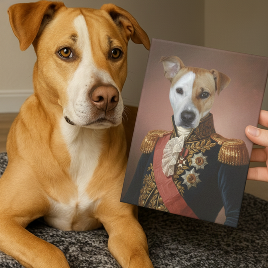 Dog next to a custom pet portrait of itself dressed in regal attire