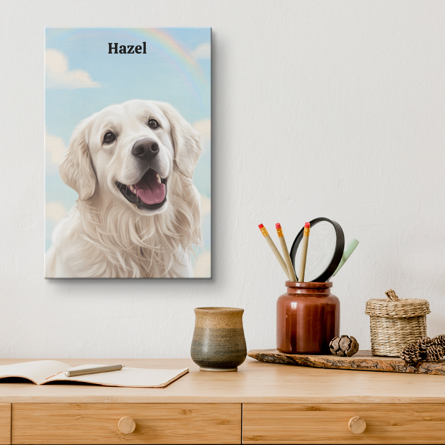 Custom pet Canvas print of a dog named Hazel on a wall above a wooden desk.