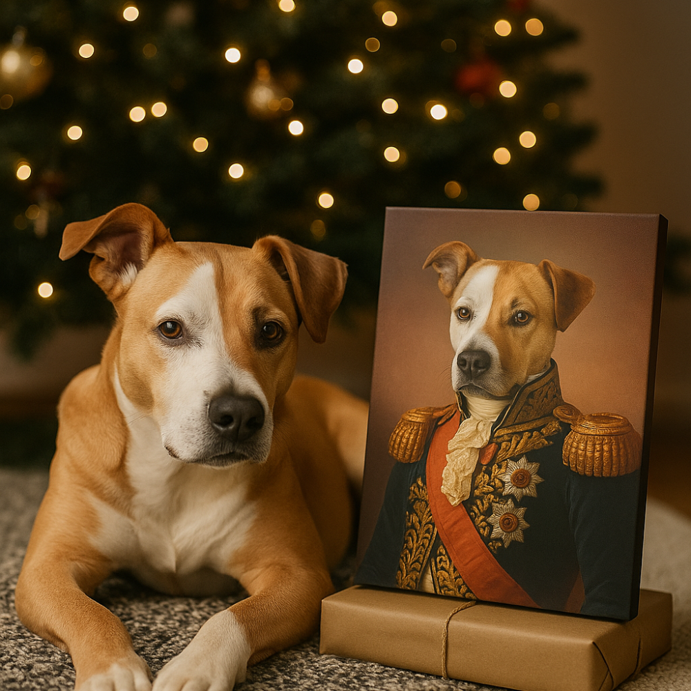 Dog next to a custom pet portrait of itself dressed in regal attire