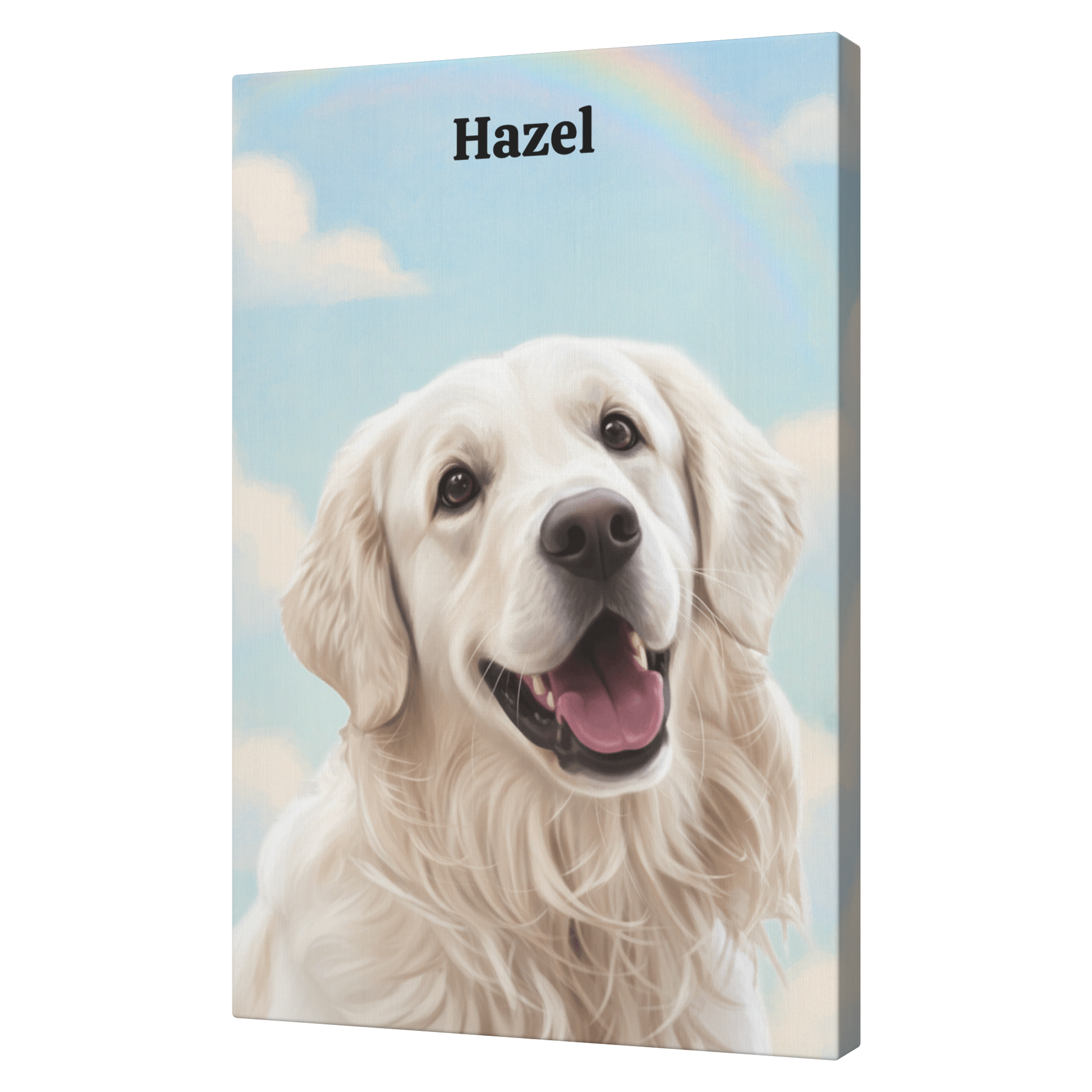 Custom pet Canvas print with a dog's face and name 'Hazel' against a sky and rainbow background.