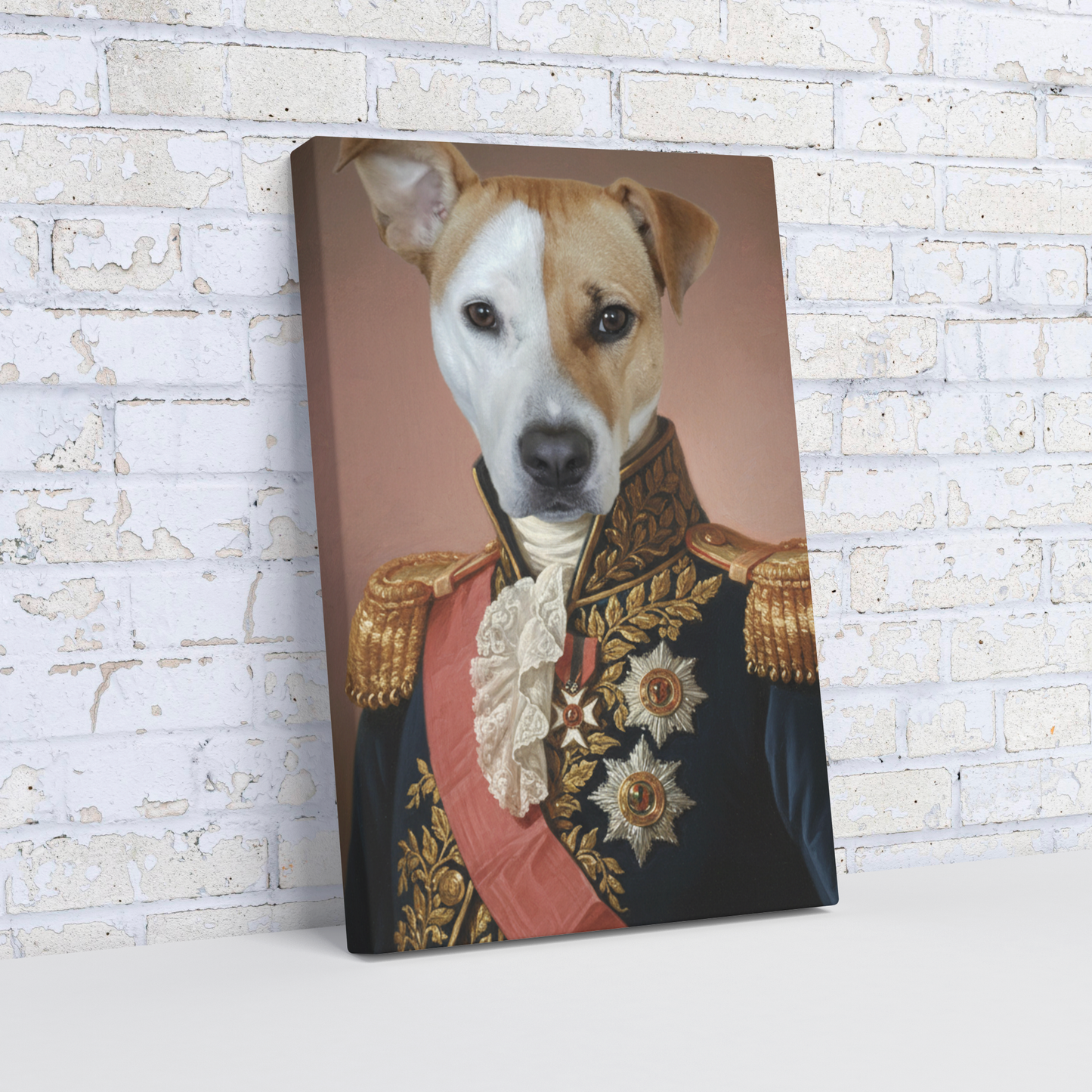 Dog next to a custom pet portrait of itself dressed in regal attire