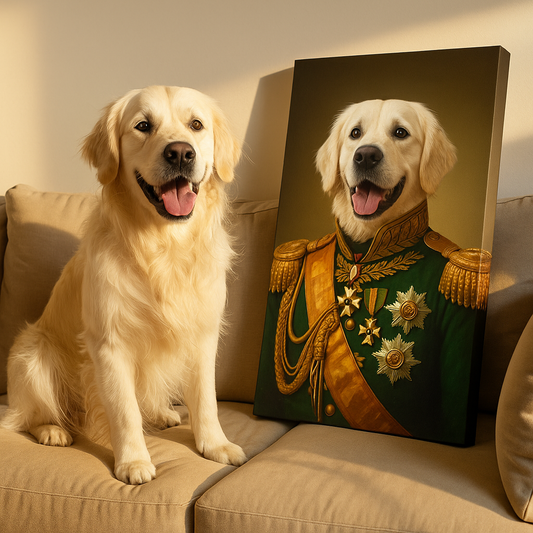 White Golden Retriever Dog sitting next to a custom pet portrait of itself in regal attire on a couch.