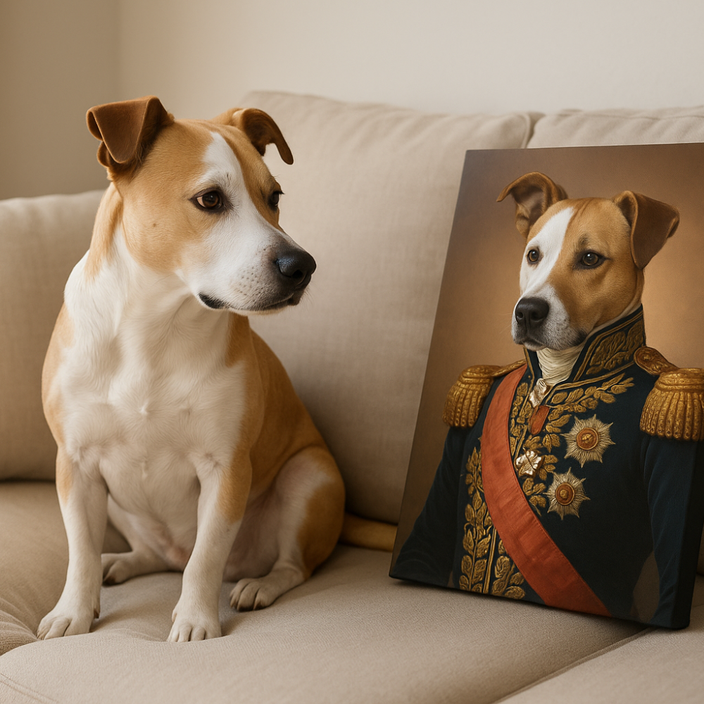 Dog next to a custom pet portrait of itself dressed in regal attire